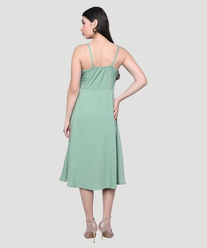 Women's Green Solid Regular Fit A-line Midi Dress